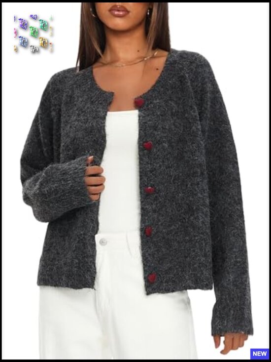 Y2K Button Down Cardigan Sweater Long Sleeve Crew Neck Knit Fall Outfits - Picture 3 of 7